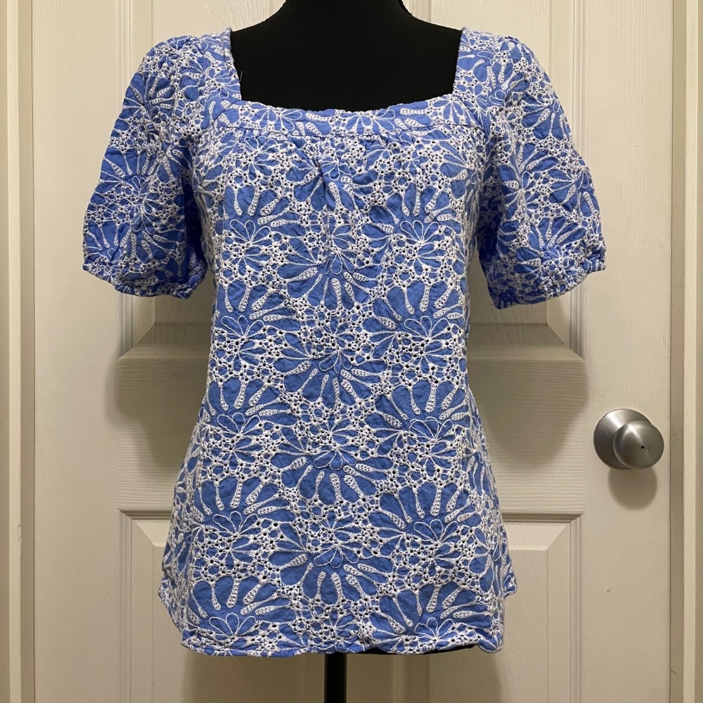 LOFT Eyelet Puff Sleeve Top Blue White Square Neck Shirt Cottage Coquette Small